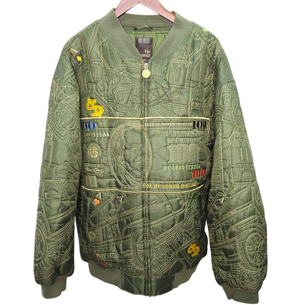 Five Elementz Y2K Money Print Quilted Bomber Jacket Men's 2XL Hip Hop Streetwear